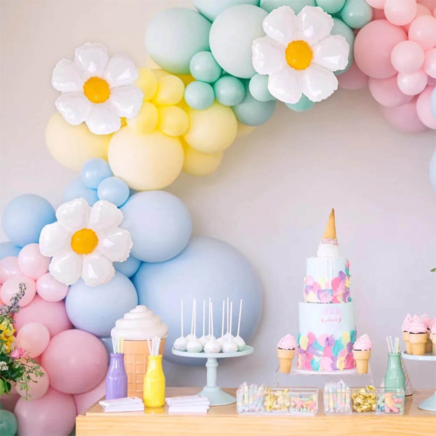 161 Pcs Daisy Balloon Garland Arch Kit Party Pastel Balloons Flower Balloons Macaron Pastel Balloons for Birthday Wedding Christmas Festival Picnic Family Party Decoration image number 6