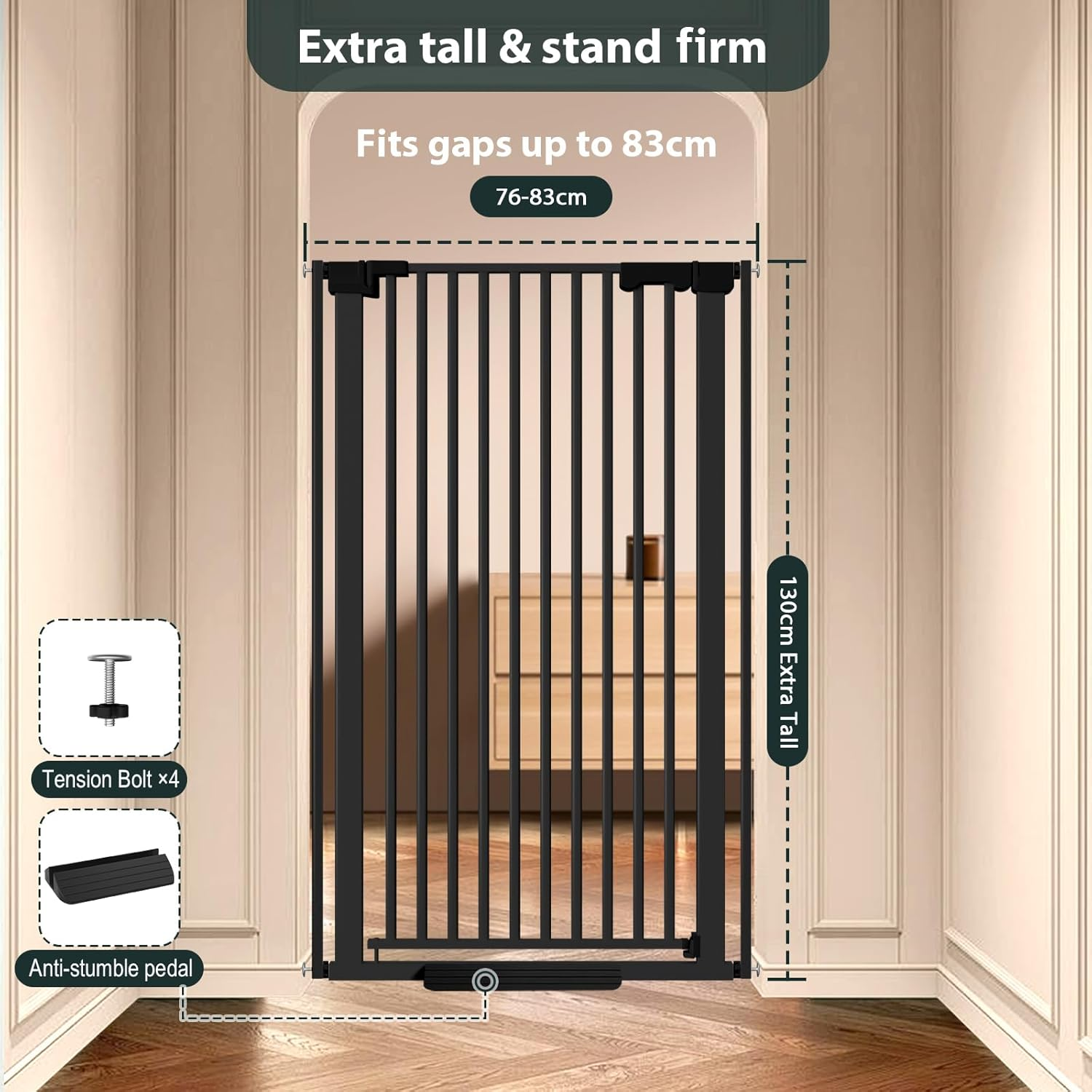 130Cm Extra Tall Cat Gate Barrier for Doorways No Jumping Over, 76-83Cm Wide Pressure Mounted Pet Dog Gates No Drill Auto Close, Cat Fence Indoor Climb Proof (Black)