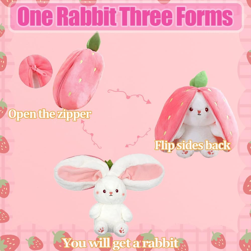 Bunny Stuffed Animal, Reversible Strawberry Rabbit Plush, Super Soft Strawberry Bunny Plush, Gifts for Boys and Girls, Children'S Room Decoration (Strawberry, 9.8 In) image number 3