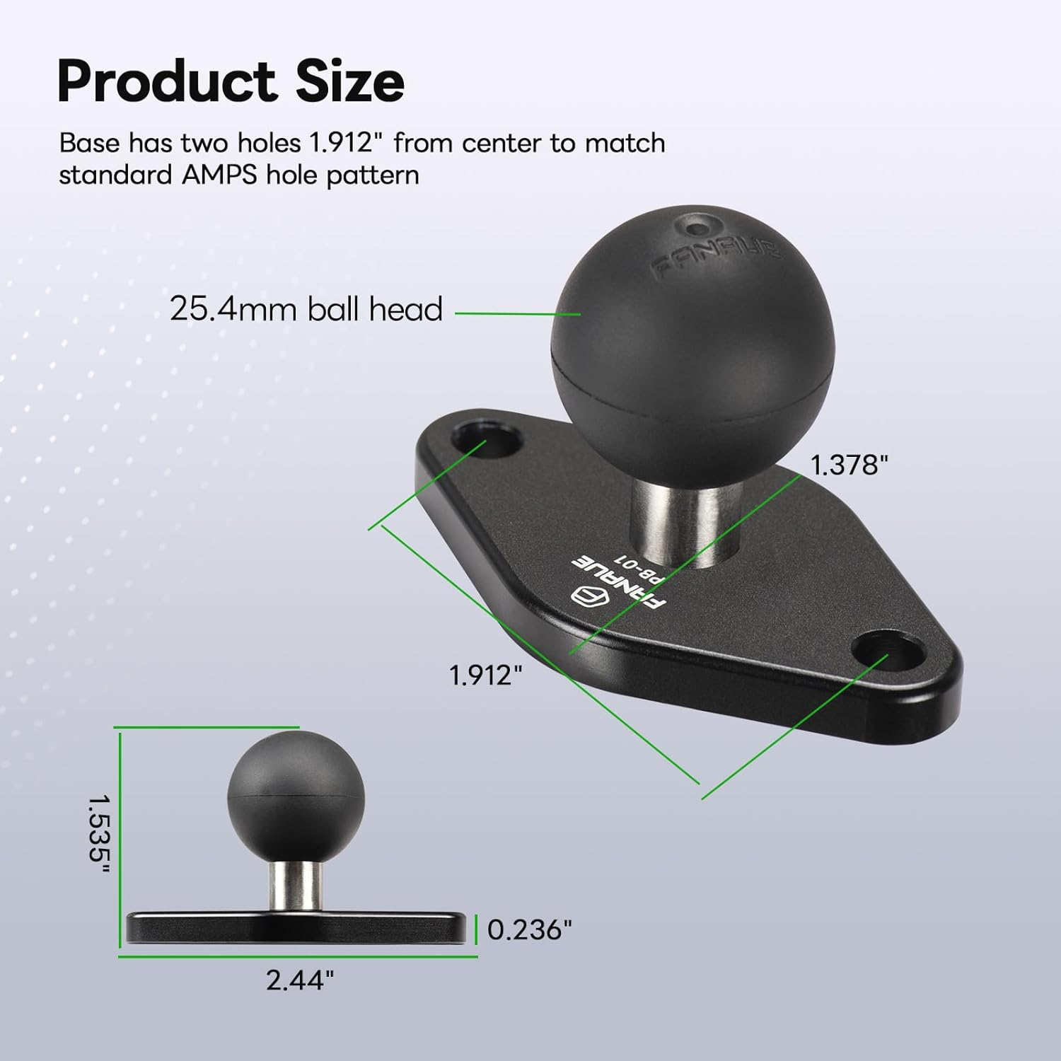 FANAUE 2 Pack 1 Inch TPU Ball Mount Diamond Base, Compatible with RAM Mount B Size 1" Ball Double Socket Arm, Meets Industry Standard AMPS 1.912'' Hole Pattern image number 3