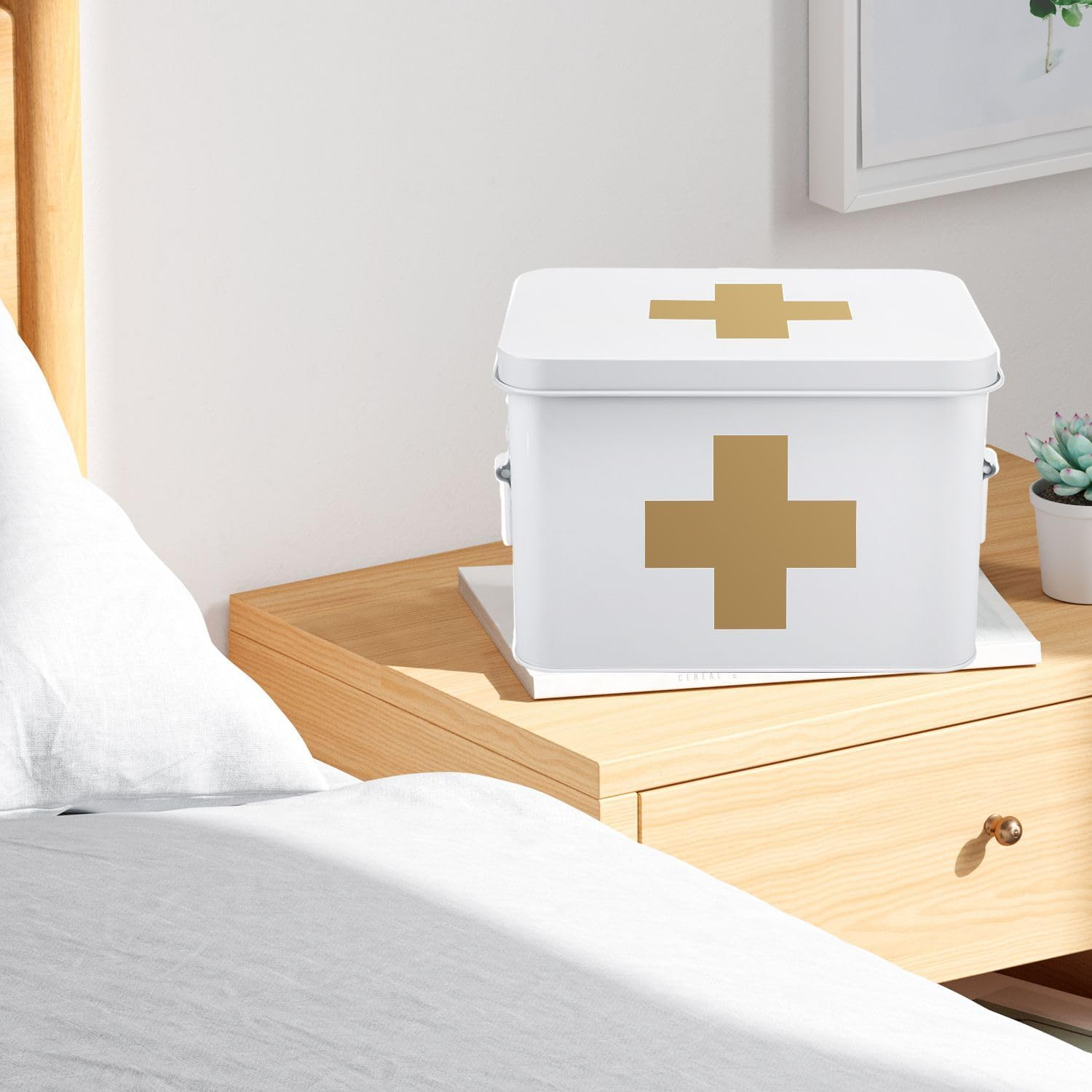 Flexzion First Aid Medicine Box Supplies Kit Organizer - Empty 8" White Metal Tin Medic Storage Bin Hard Case with Removable Tray Black Cross, Vintage Antique Boxes for Home Family Emergency Tool Set image number 4