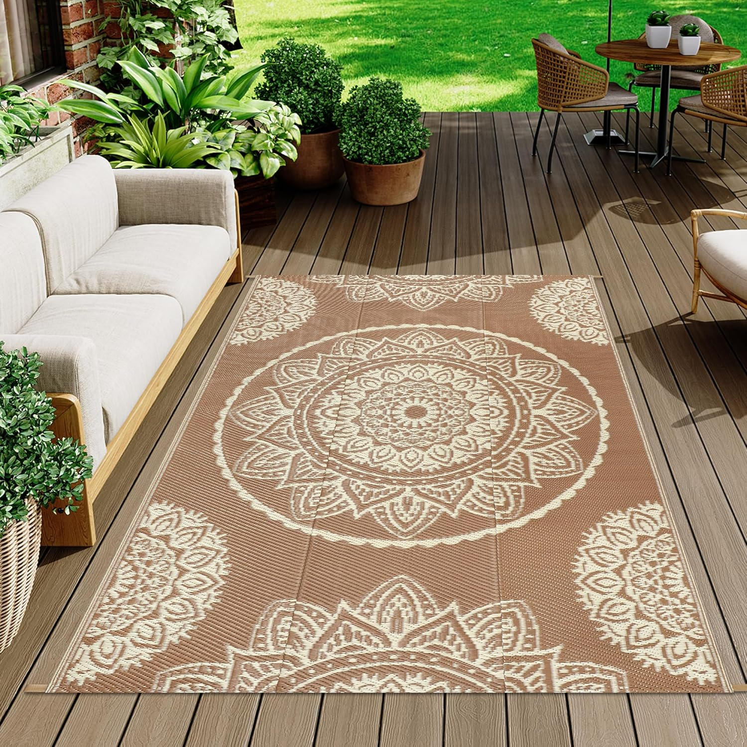Famibay Outdoor Rug Waterproof Plastic Straw Garden Rugs Reversible Outdoor Rug 120 X 180 Cm Patio Carpet UV Resistant Portable Indoor Area Rug for RV Balcony Picnic Brown Beige image number 2