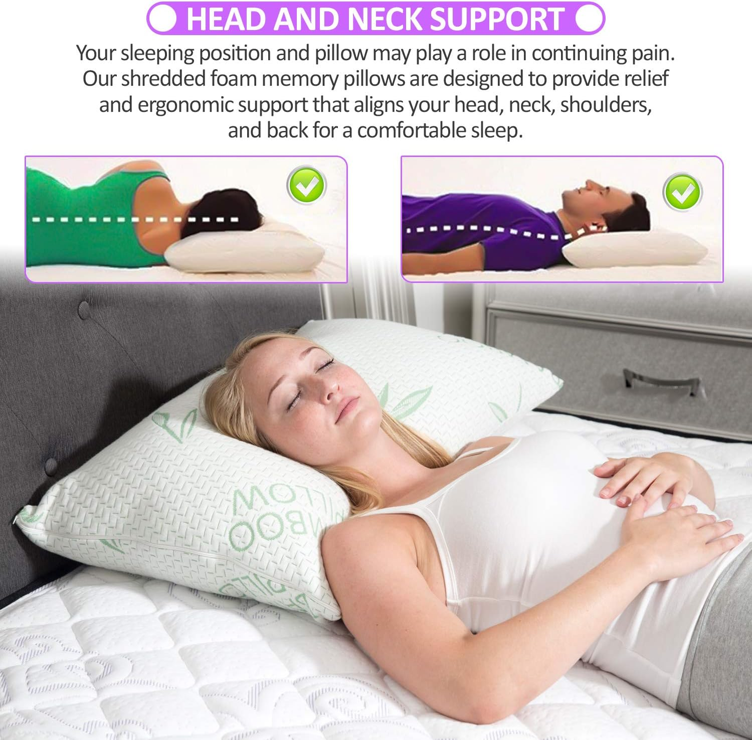 King Size Rayon Derived from Bamboo Pillow for Sleeping, Cooling Shredded Memory Foam Bed Pillows Set &ndash; Back, Stomach, Side Sleeper, Removable Cover, Adjustable Firmness, King (Pack of 1) image number 1