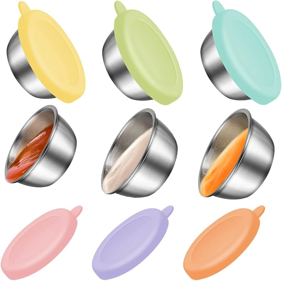 Salad Dressing Container to Go, 6X1.6 Oz Small Reusable Containers with Lids, Fits in Bento Box for Lunch, Stainless Steel Condiment Cup, Premium Silicone, Leak Proof, Easy Open Dipping Sauce Cups image number 2