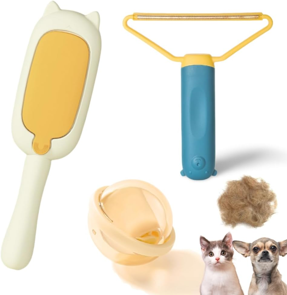3-Piece Pet Hair Removal Set: Reusable Sticky Gel Lint Roller, Lint Remover Brush, and Double-Sided Carpet Rake Scrapper - for Furniture, Clothes, Carpets - Washable Portable Dog & Cat Fur Cleaner image number 1