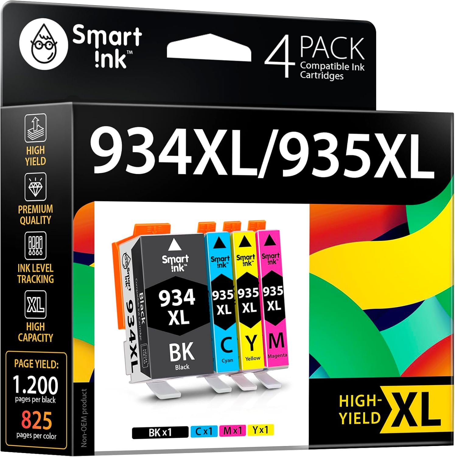 Smart Ink Compatible Ink Cartridges Replacement for HP 934 and 935 HP 934XL 935XL 4 Combo Pack (1 Black, Cyan/Magenta/Yellow) for HP Printer Officejet Pro 6230 6830 6835 Officejet 6800 6812 6815 6820 image number 1