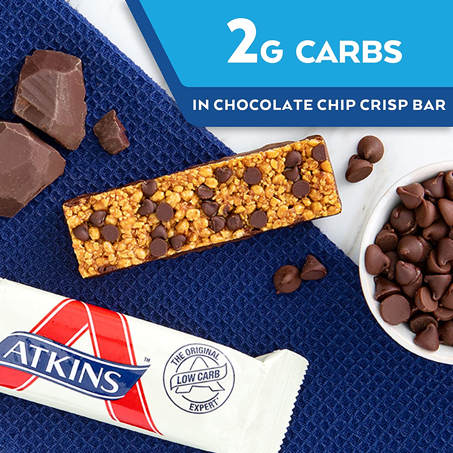 Atkins Chocolate Chip Crisp Bars | Keto Friendly | 5 X 37G Low Carb Chocolate Bars | Low Carb, Low Sugar, High Protein, High Fibre | 5 Bar Pack image number 2