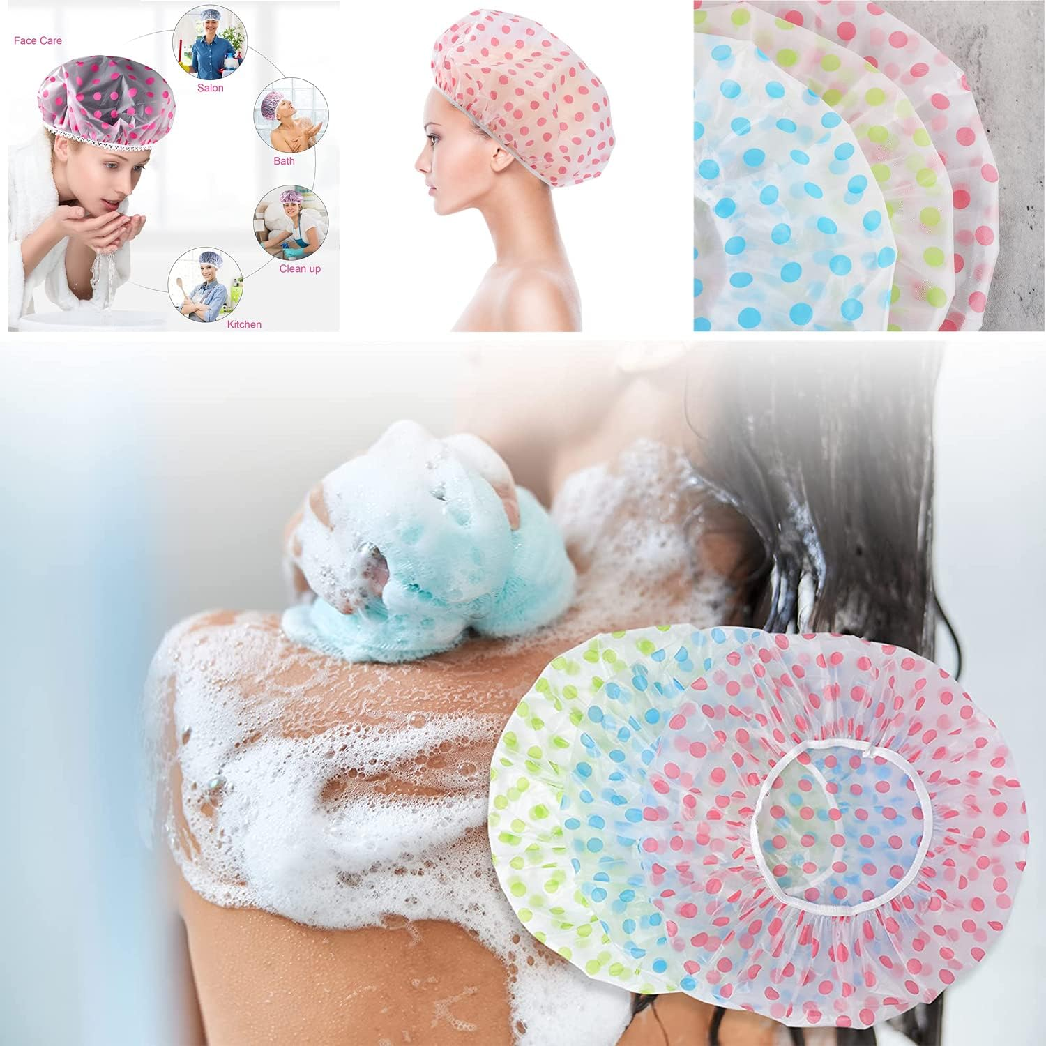 Shower Caps for Women Men Reusable Shower Hat Bath Caps with Elastic Band Waterproof Bath Cap Shower Caps for Women Long Hair (3 PCS) image number 6