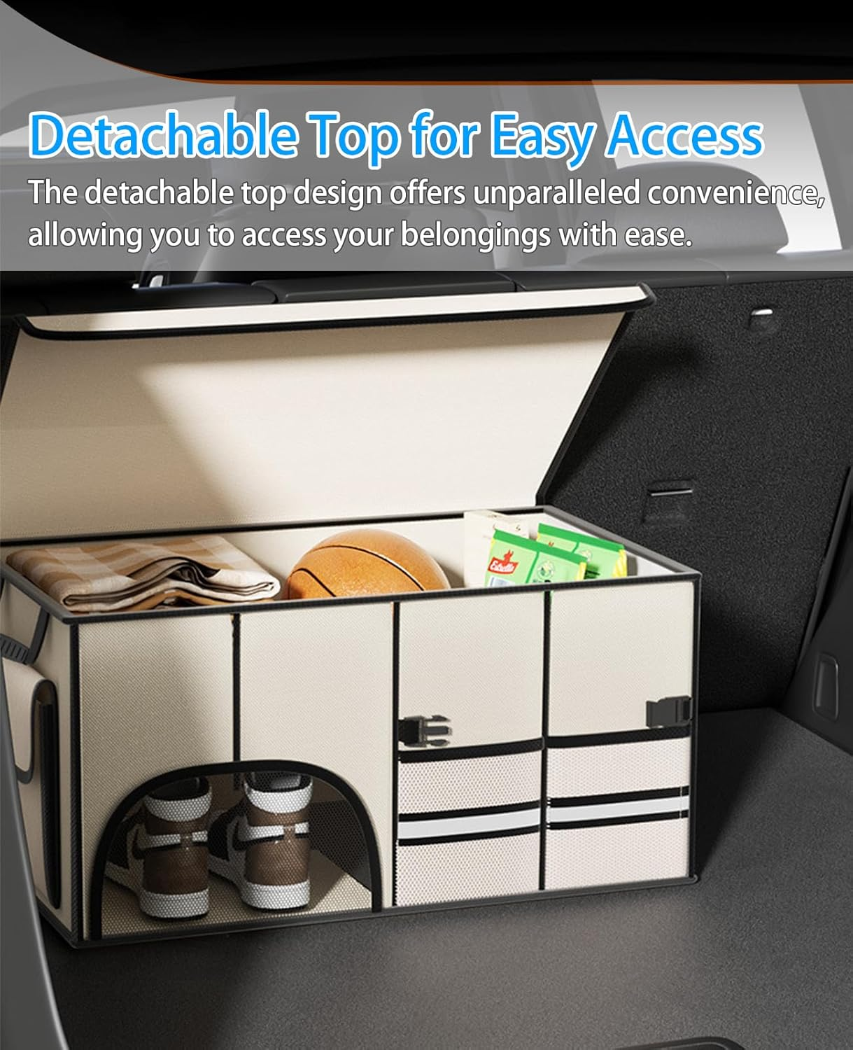 72L Car Trunk Organizer, Collapsible Car Storage Container with Lid, Multi Compartments Car Storage Organizer with Reflective Strip for SUV, Truck, Sedan (Beige) image number 5