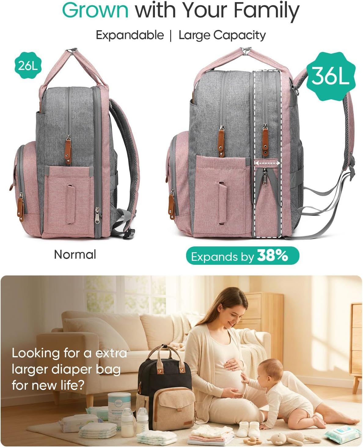 Extra Large Diaper Bag Backpack for Two Kids, Expandable 35L Baby Bags for Mom Girl Boy Dad Toddler image number 6