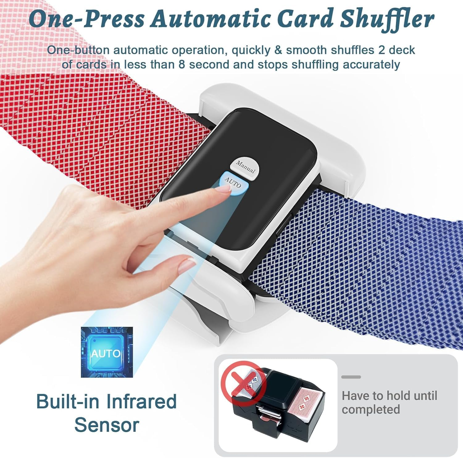 2025 New Automatic Card Shuffler 1-2 Deck, 2600Mah USB-C Rechargeable Electric Card Shuffler, Quiet Portable Shuffler for UNO Poker Blackjack, One-Press AUTO & Manual Modes image number 5