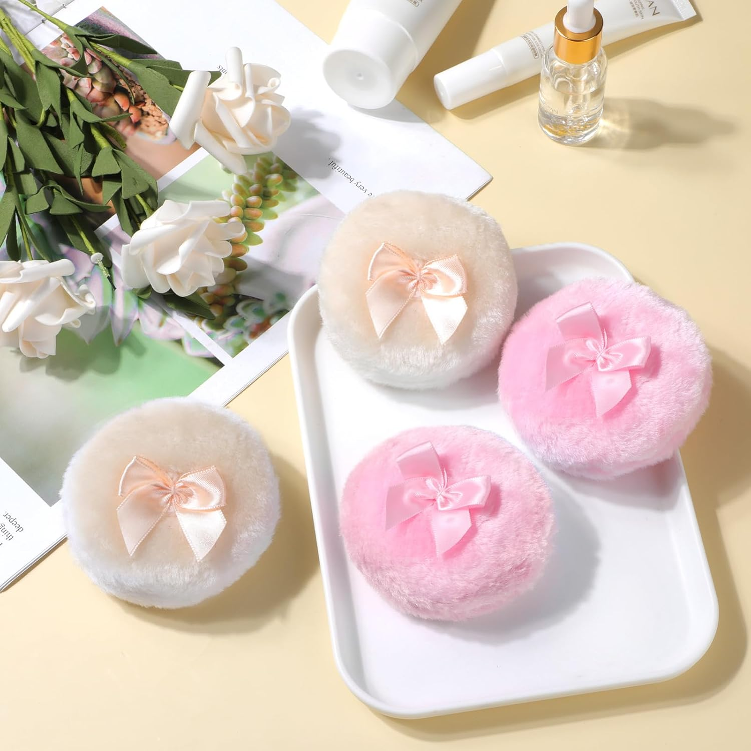 Sibba 4Pcs Large Fluffy Powder Puff, 3.5 Inch Ultra Soft Washable Reusable Velour Face Body Powder Puff Loose Powder Puffs Wet Dry Makeup Tool image number 2