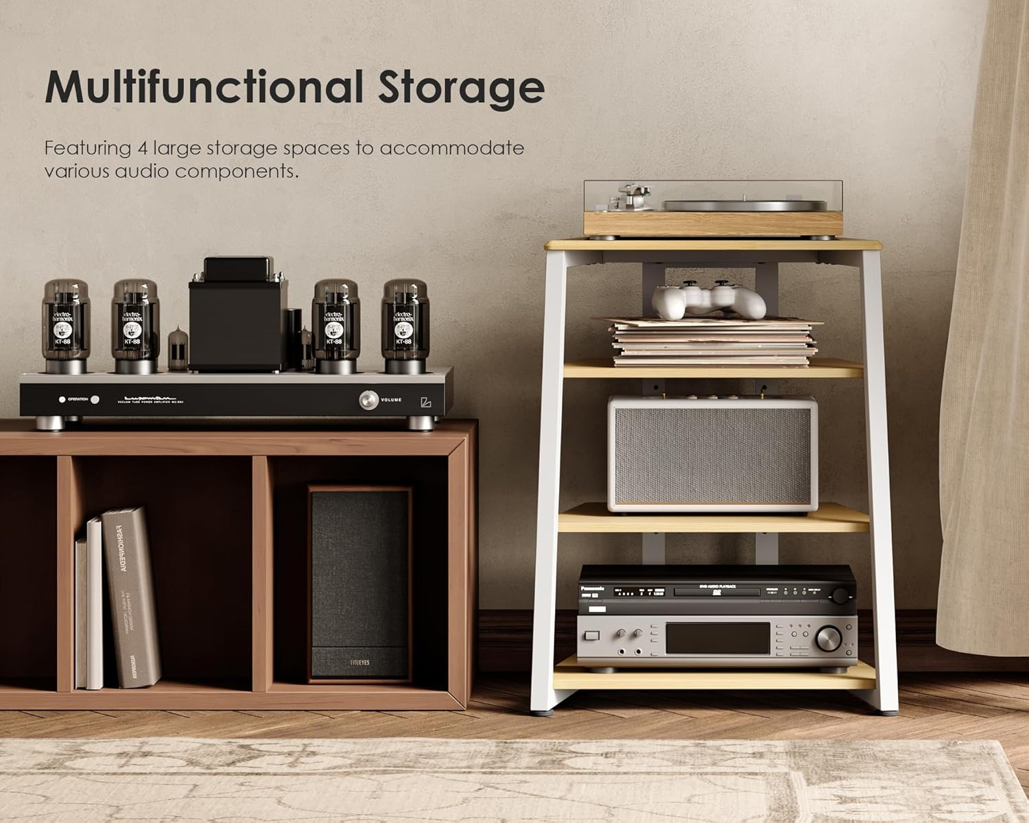 FITUEYES Design Modern Wooden Media Stand - 4-Tier Adjustable Corner Shelf for Gaming Setup (Ps5/Xbox), Sturdy Audio Tower & TV Component Organizer, (White Oak) image number 3