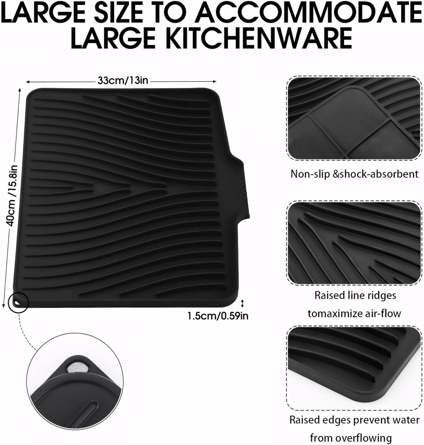 Silicone Dish Drying Mat for Kitchen Counter Non-Slip Pad with Built-In Drain Sink (Black) image number 6