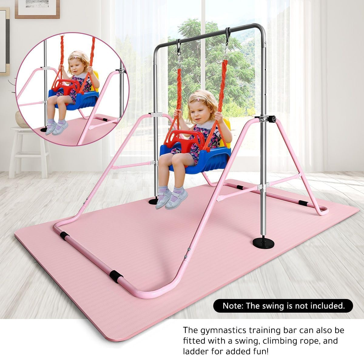 Genki Expandable Gymnastics Bars, Adjustable Height Gymnastic Horizontal Bars,Junior Climbing Frame Training Bar Children Folding Training Monkey Bars for Kids,Pink&hellip; - Pink/Mat image number 6
