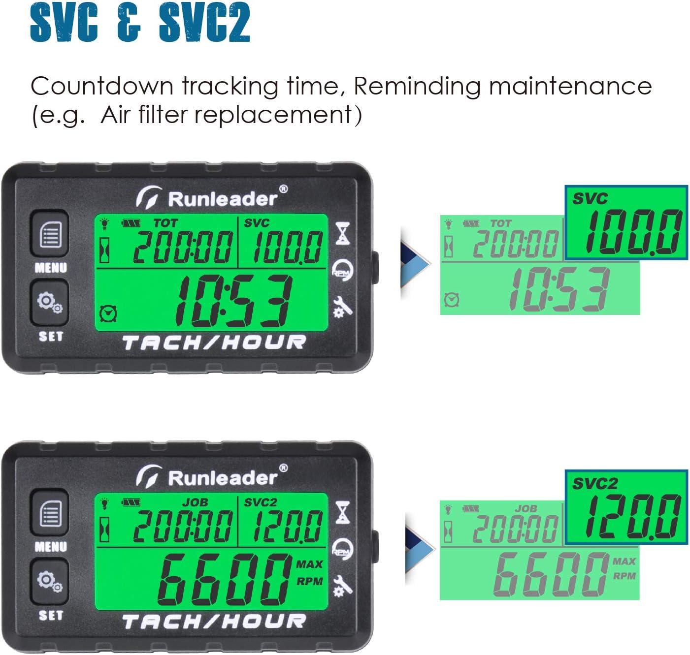 Runleader Hour Meter Tachometer, Maintenance Reminder, Alert RPM Reminder, Initial Hours Settable, Battery Replaceable, Use for Lawn Mower Generator Marine ATV and Gas Powered Equipment (HM058B-BK) - Hm058B-Bu image number 7