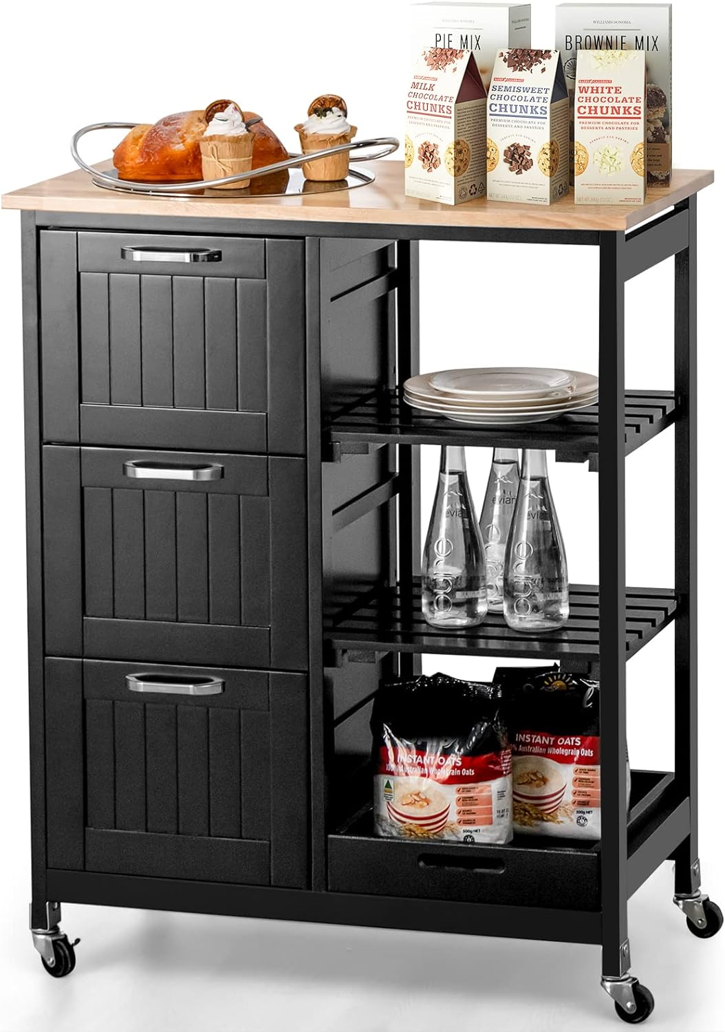 Giantex Kitchen Island on Wheel with Storage, Rolling Cart W/Rubber Wood Countertop, 3 Drawers, Removable Tray & Open Shelves, Lockable Casters, Mobile Serving Trolley for Kitchen Dining Room (Black) image number 5