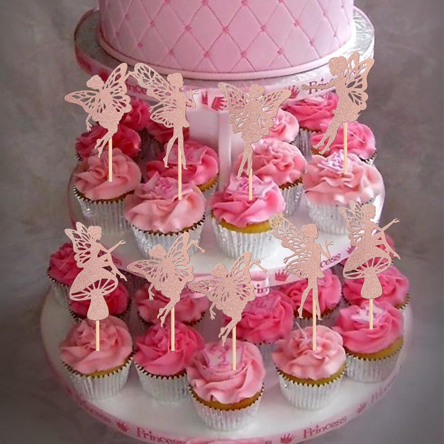 30 Pack Fairy Cupcake Toppers Glitter Flower Angel Fairy Ballet Dancer Cupcake Picks for Wedding Bridal Shower Baby Shower Birthday Party Cake Decorations Supplies Rose Gold image number 2