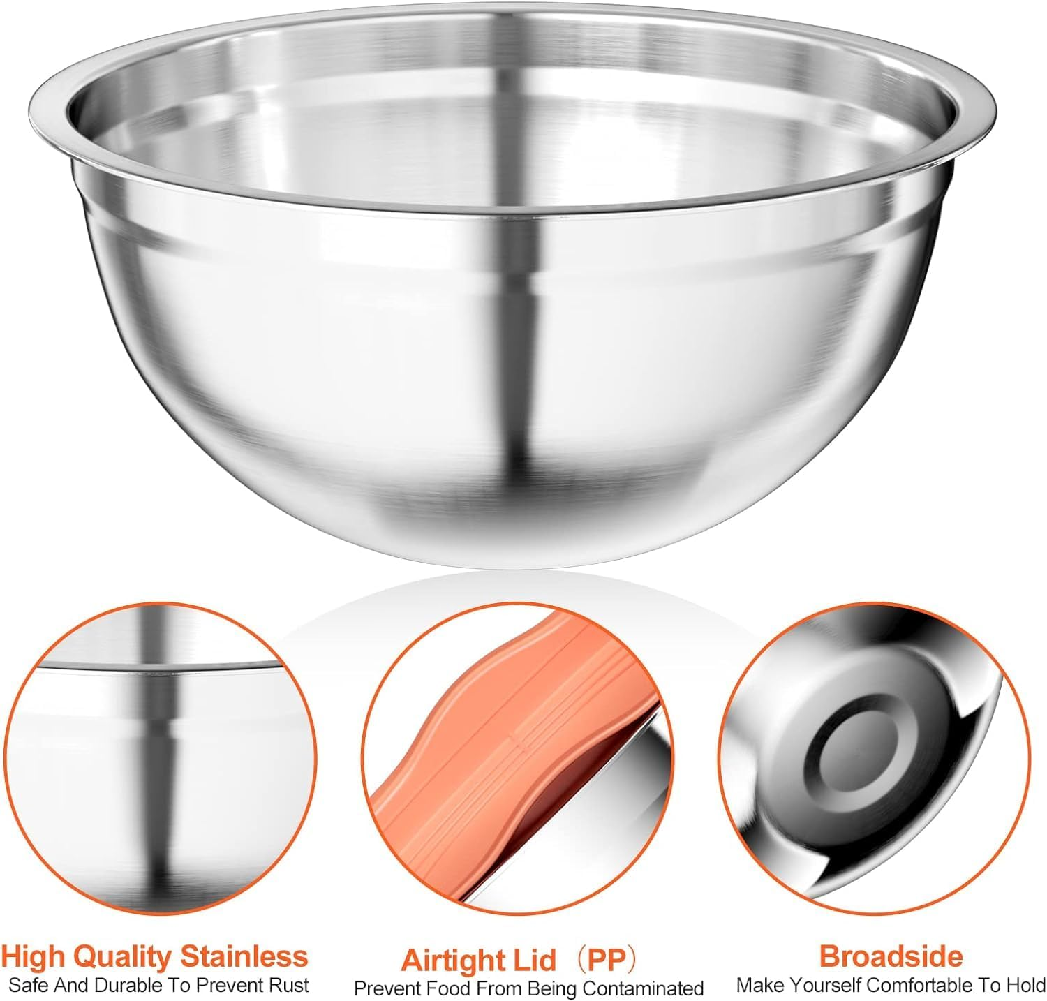 Mixing Bowl Set of 5, Stainless Steel Mixing Bowls with Airtight Multicolord Lids, Salad Bowls Size 4.5L/3.5L/2.5L/2L/1.4L,Multifunctional Bowls with Lids for Baking,Cooking,Food Prep image number 3