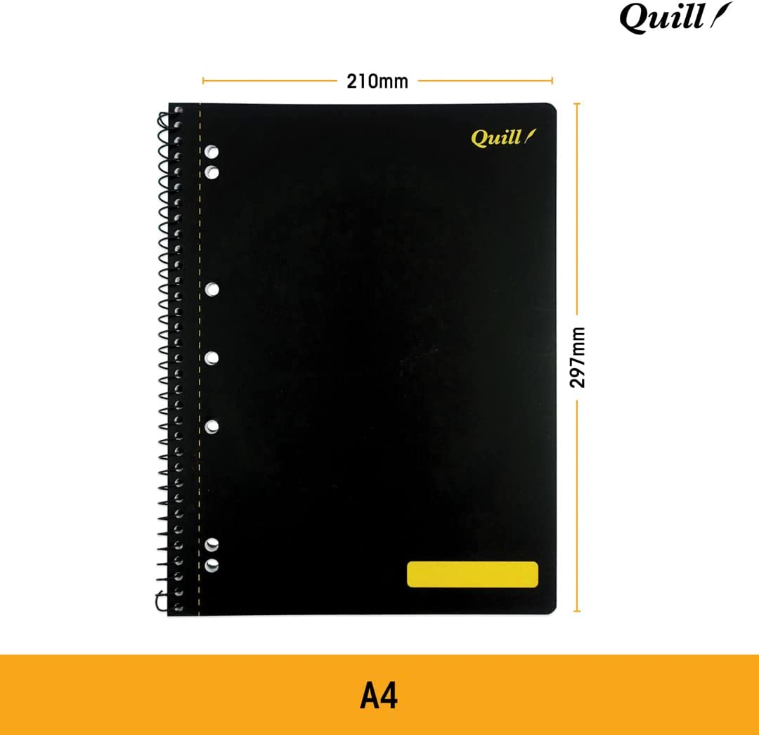 Quill, Lecture Notebook A4, 140 Pages, 70 Gsm, 8Mm Ruled, 7 Punched Holes, Spiral Bound, Waster Resistent Black Cover, Pack of 2 image number 1