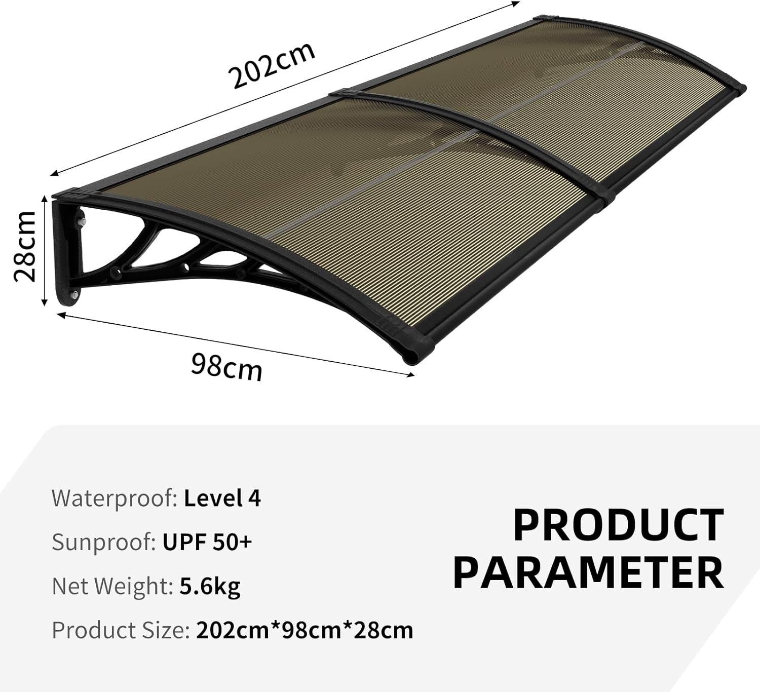 1M X 2M Brown Window Canopy Awning, Window Door Awning for Rain, Heavy Duty Window Awnings Sun Shade, Durable Door Awnings Rain Shelter, Reinforced Window Canopy with Black Bracket Outdoor