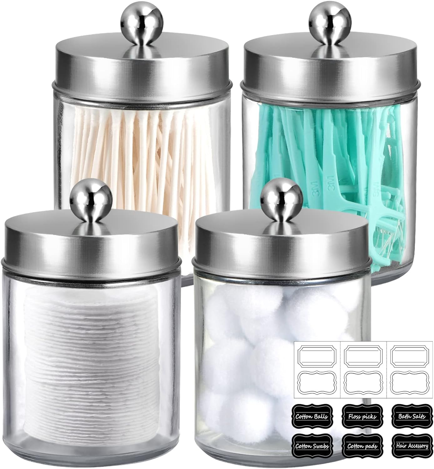 Amolliar 4Pc Apothecary Jars Bathroom Vanity Storage Organizer Set -Countertop Canister with Stainless Steel Lids &Cute Stickers - Qtip Dispenser Holder for Qtips,Cotton Swabs,Makeup Sponges (Bronze)