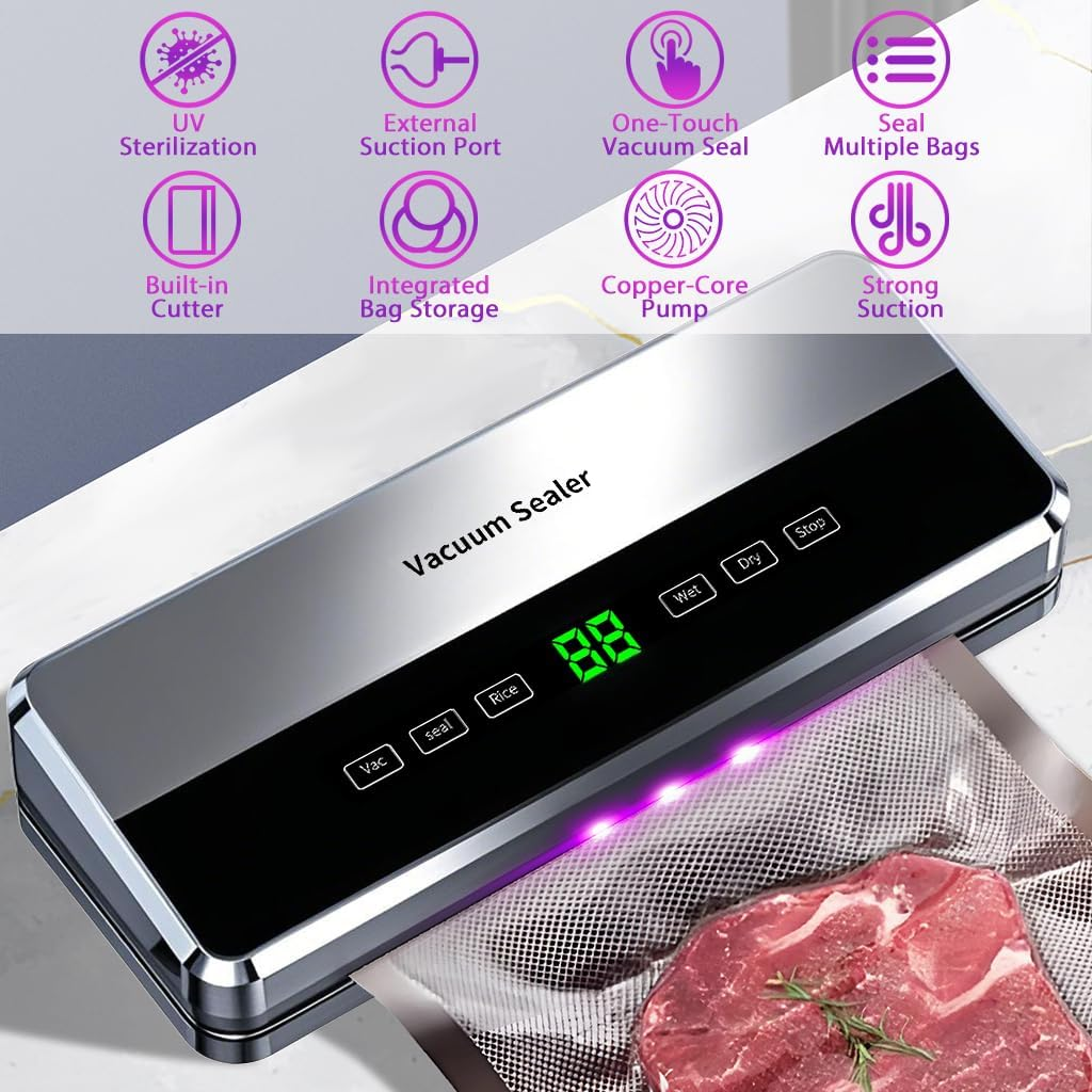 Food Vacuum Sealer for Meal Prep,Food Packer Equipped with Vacuum Bags,Built-In Cutter,Automatic Vacuum Sealer Machine Kit Dry Moist Seal Pulse Canister Mode Good for Leftovers,Sous Vide,Freezing image number 6