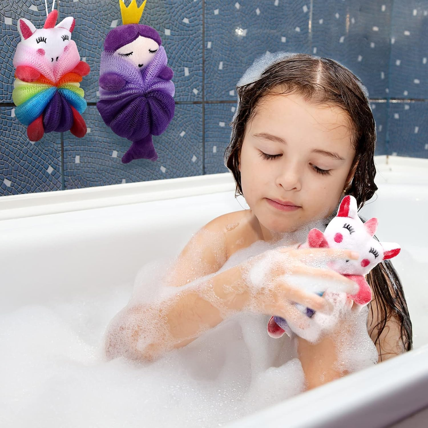 2 Pcs Bath Loofahs for Kids and Toddlers, Cute Cartoon Mesh Body Sponges, Gentle Shower Scrubber for Children, Exfoliating Pouf (Unicorn, Princess)