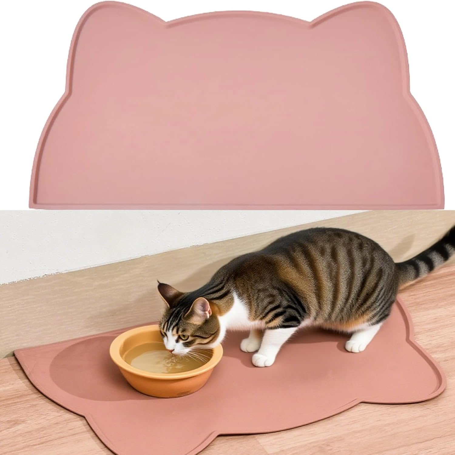 2Pcs Pet Feeding Mat, Betterjonny 24 * 44Cm Silicone Cat Food Mat Pink Grey Non-Slip Food Mat Raised Edge Waterproof Dog Water Bowl Tray Cushion