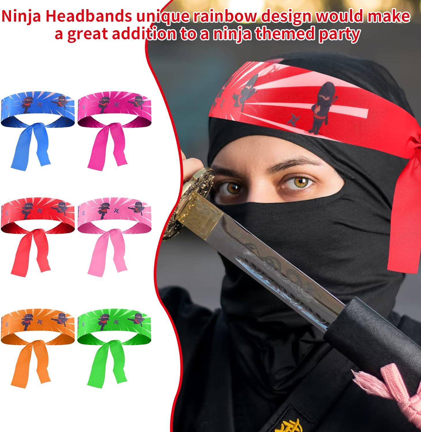 DOSTATNI 24 Pieces Ninja Headbands Karate Headband Red Ninja Warrior Headbands Ninja Party Favors for Ninja Party Decorations Ninja Birthday Theme Party Supplies Rainbow image number 3
