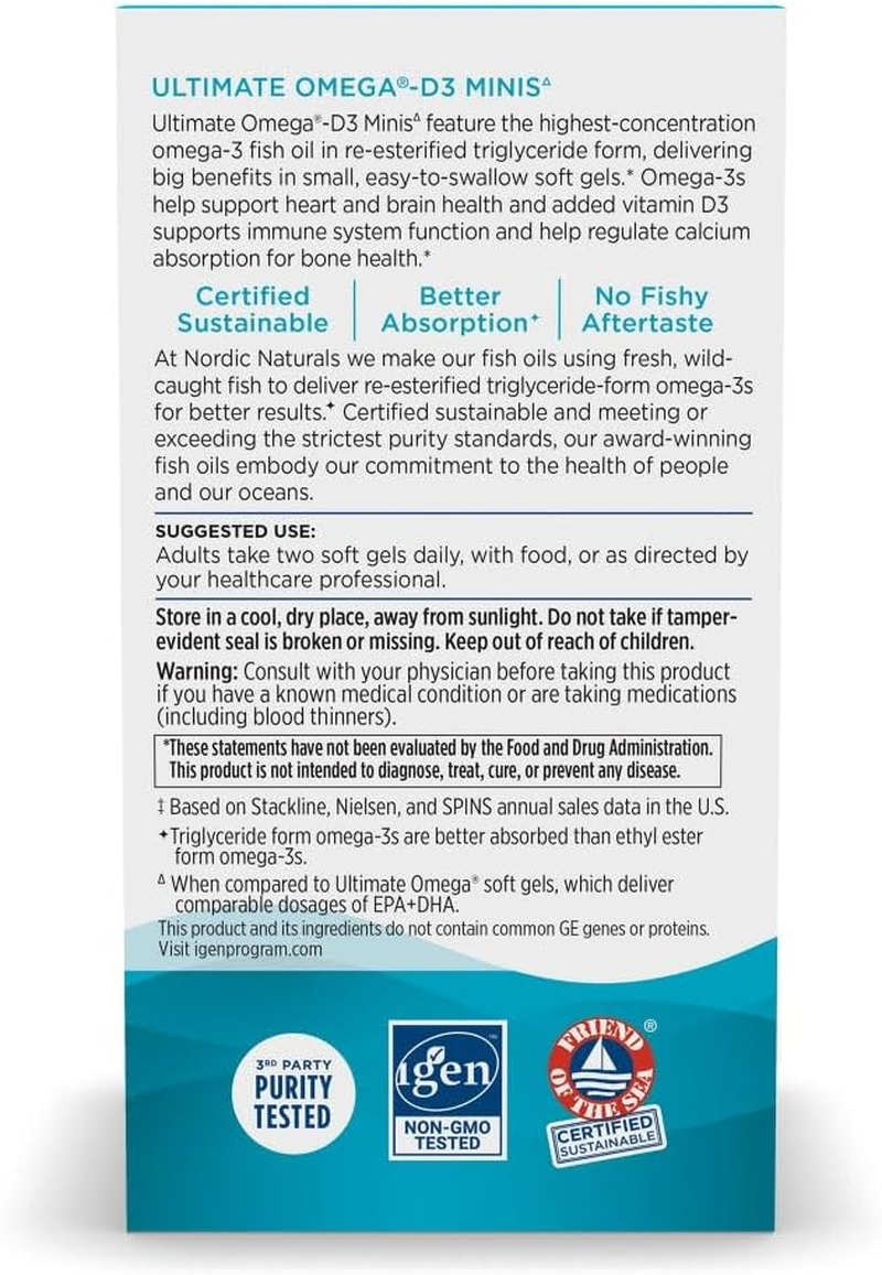 Nordic Naturals Ultimate Omega 2X Mini D3, Lemon Flavor - 1120 Mg Omega-3 + 1000 IU Vitamin D3-60 Mini Soft Gels - Omega-3 Fish Oil - EPA & DHA - Promotes Brain & Heart Health - 30 Servings image number 4