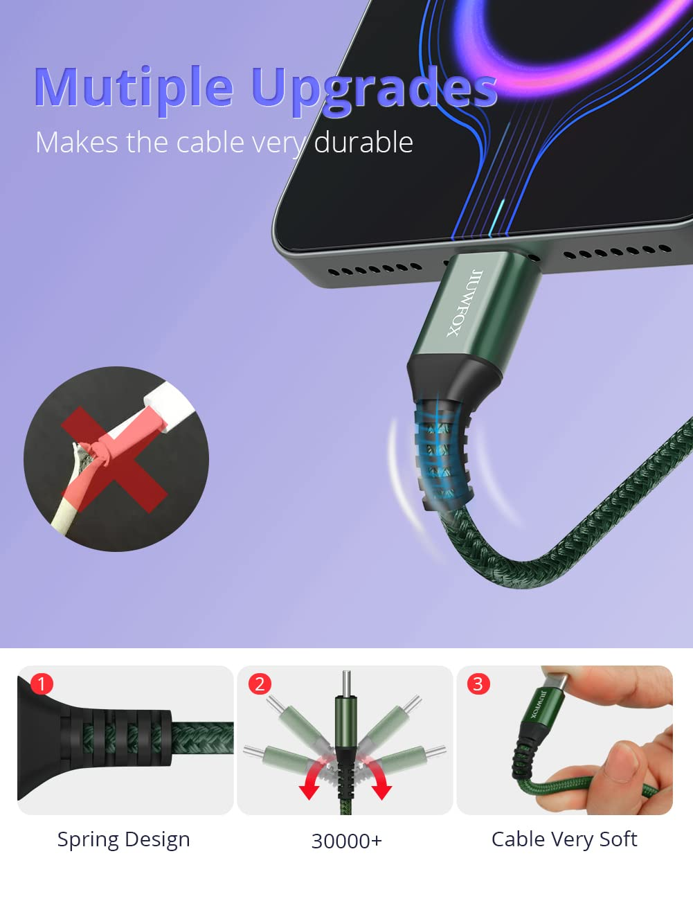 USB C to USB C Cable [3-Pack 10Ft], USB C Charger Cable 60W/3A Fast Charging for Samsung Galaxy S23/S22/S21/S20, Note 20/10, Macbook, Ipad, Switch, Pixel, LG and More image number 4