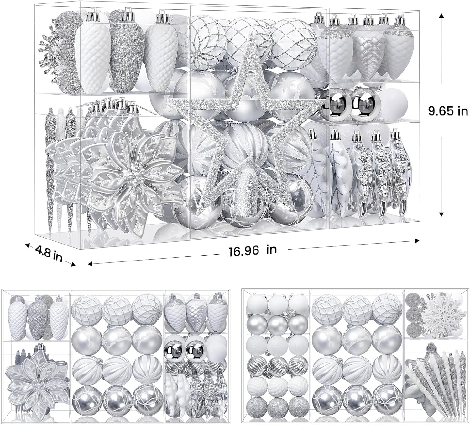 Shareconn 106PCS Christmas Balls Ornaments Set, Colorful Shatterproof Plastic Decorative Baubles for Xmas Tree Decor, Holiday, New Year, Wedding Party Decoration with Hooks Included, White &Silver image number 2