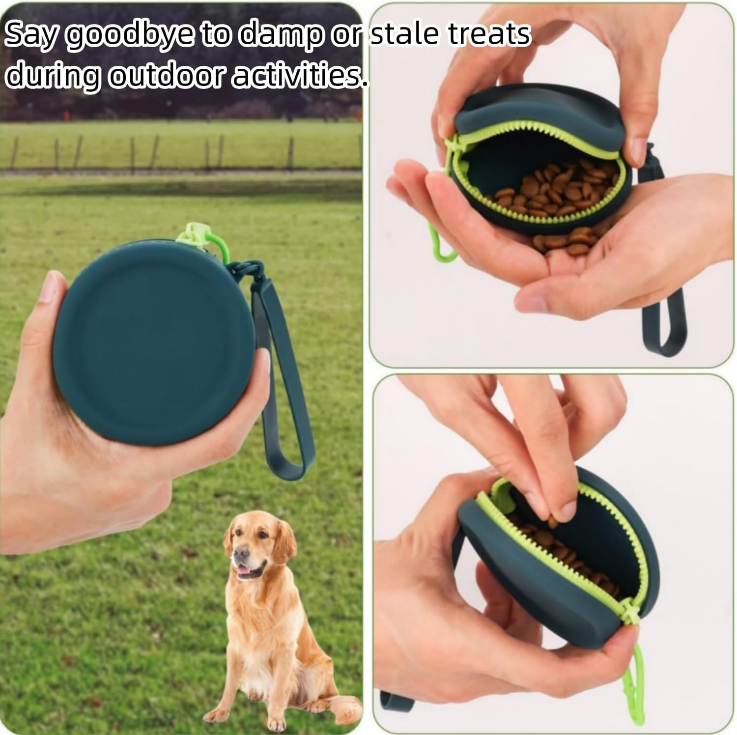 Silicone Dog Treat Pouch, 2Pcs Dog Treat Bag with Wrist Strap & Waist Clip Design, Portable Waterproof Pet Training Bag, Puppy Small Snack Pocket for Walking (Drak Green&White)