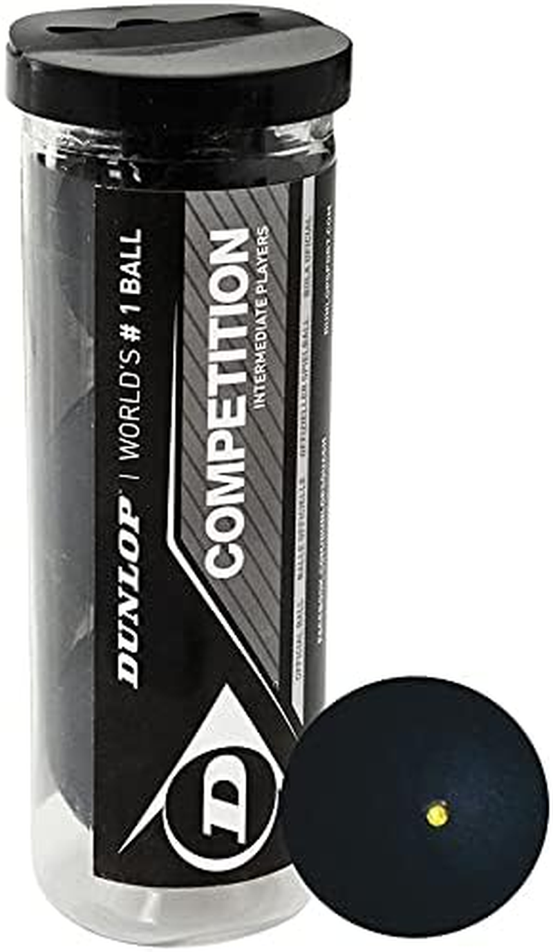 Dunlop Sports Competition Squash Ball, Single Yellow Dot, 3-Ball Tube, Black/Single Yellow Dot