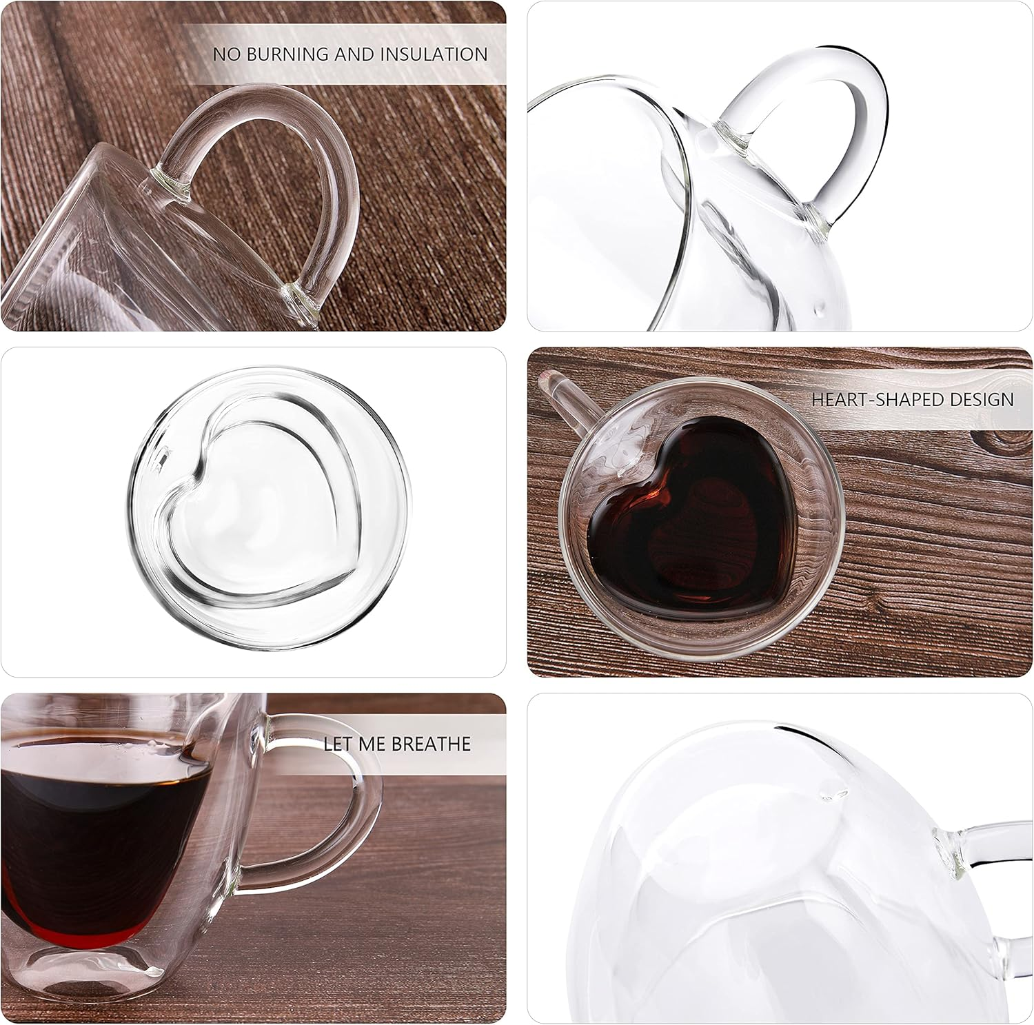 CNGLASS Double Wall Heart Shaped Glass Coffee Mugs 8.5Oz(Set of 2),250Ml Insulated Clear Tea Cups with Handle,Unique Glass Espresso Mugs for Coffee,Cappuccino,Latte,Milk image number 4