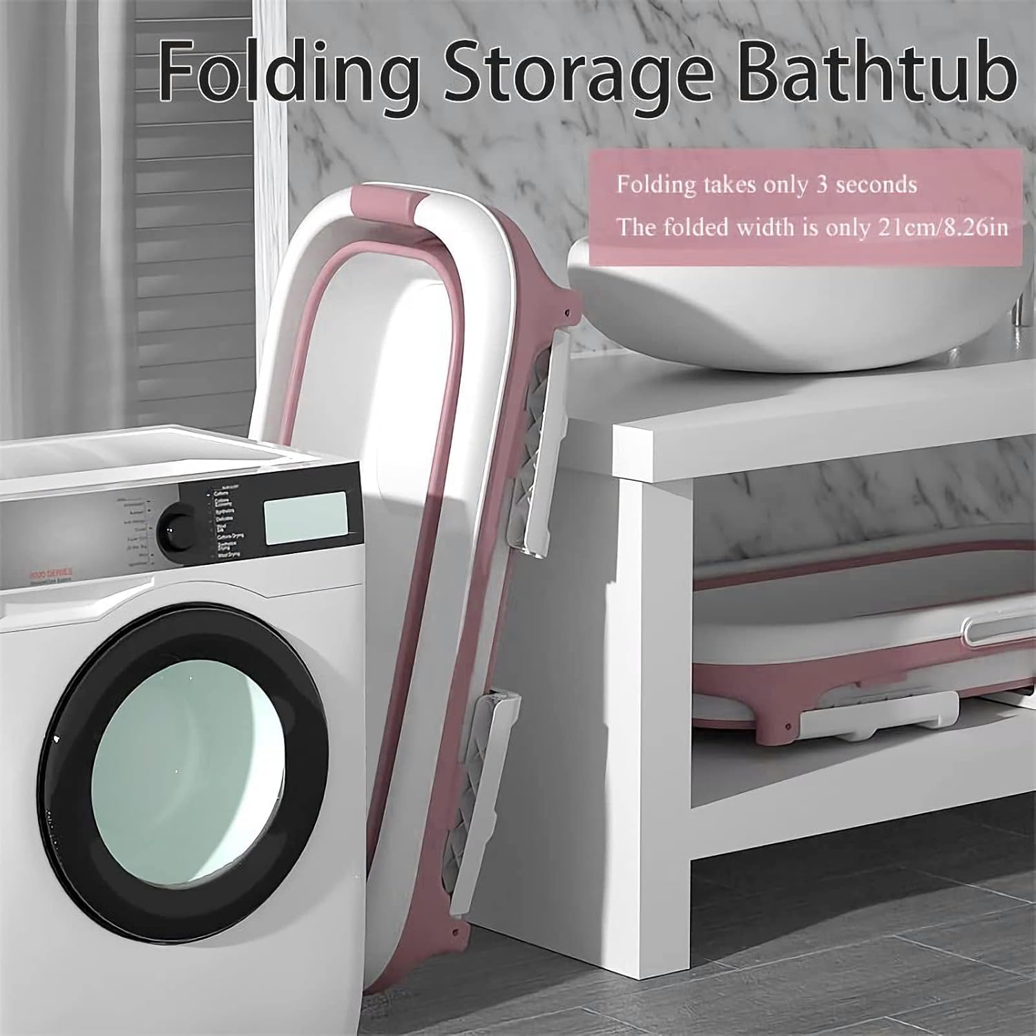 USOR 120Cm Foldable Bathtub for Adults, Portable Soaking Bath Tub with Insulated Cover, Thickened PP/TPE Collapsible Spa Tub for Small Bathroom & Indoor Outdoor Pink image number 5