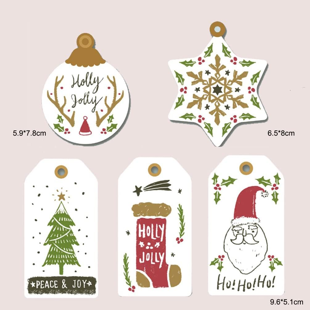 Cute Christmas Tags 60Pcs Set of 12 Designs with Natural Jute Twine Christmas Tree Decoration Holiday Decor Gifts Card Baking Birthday Wedding Paper Tags