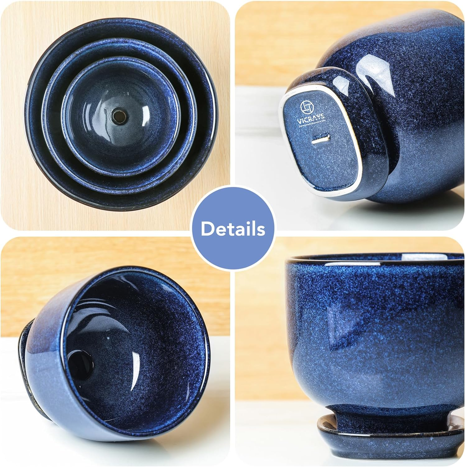 Vicrays Ceramic Plant Pots Indoor - 6.8/5.5/4.3 Inch Planter Pot with Drainage Hole and Saucer for Succulent Orchid Flower Herbs Cactus - Gardening Home Desktop Office Decor &ndash; Set of 3 Blue image number 6