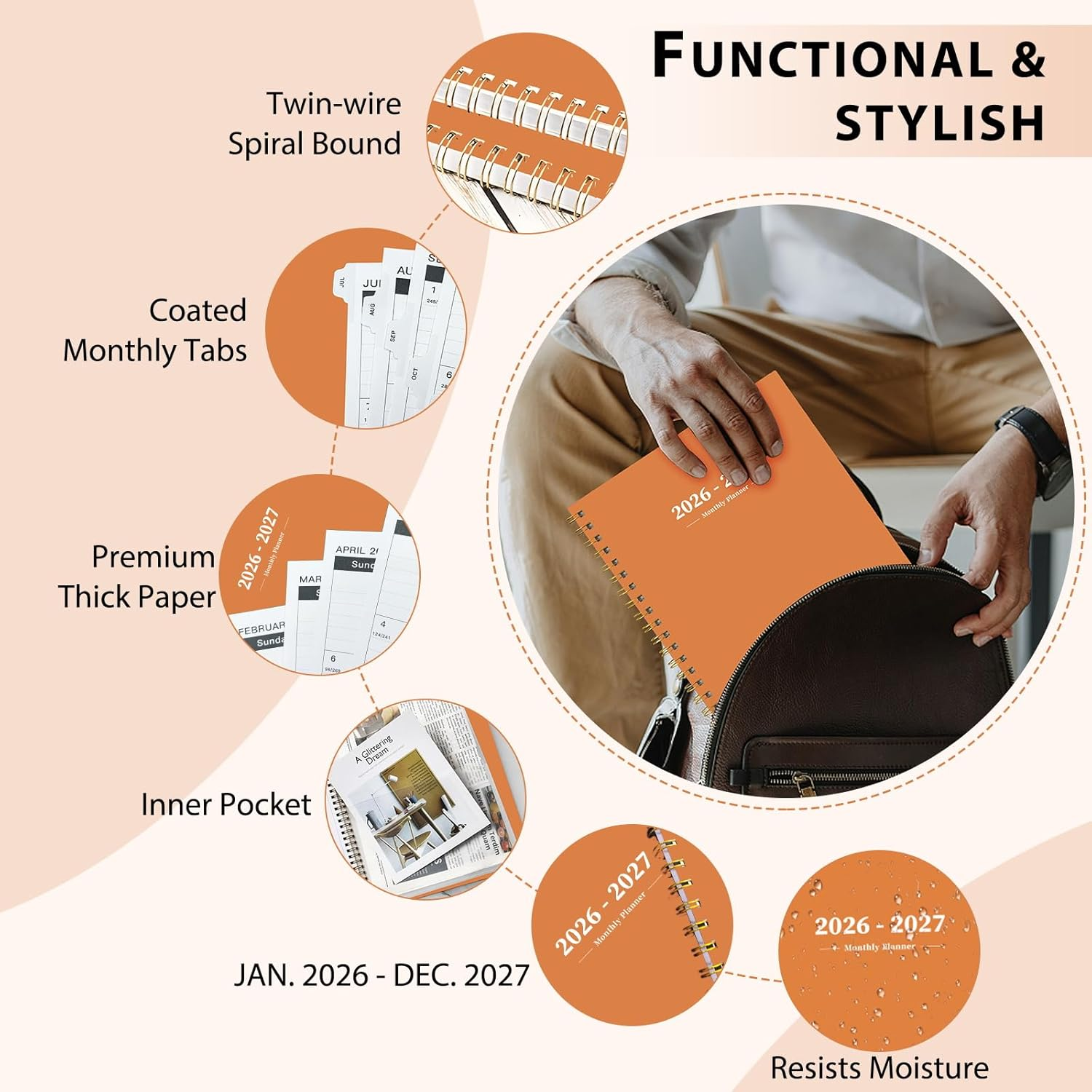 Ymumuda 2025-2026 Monthly Planner - 2 Year Monthly Planner, JAN.2025 to DEC.2026, 8.5" X 11", Large Planner with Spiral Bound, Perfect for School & Office Schedule, Orange - Grey image number 7