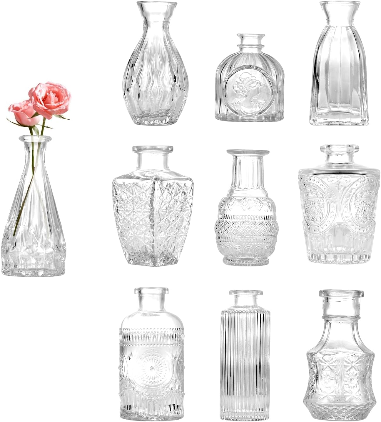 Bud Vases, 10-Piece Transparent Vases, Decorative Table Glass Vases for Flowers, Small Vintage Vase, Center Decoration, Suitable for Flower Arrangement, Party, Wedding image number 6