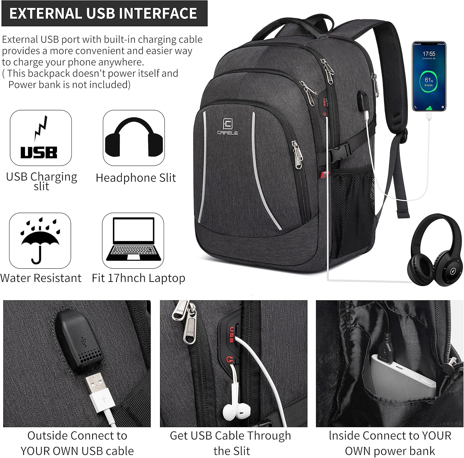 Cafele 17.3 Laptop Backpack Travel Computer Backpack College Bookbag School Backpack with USB Charging Port image number 4
