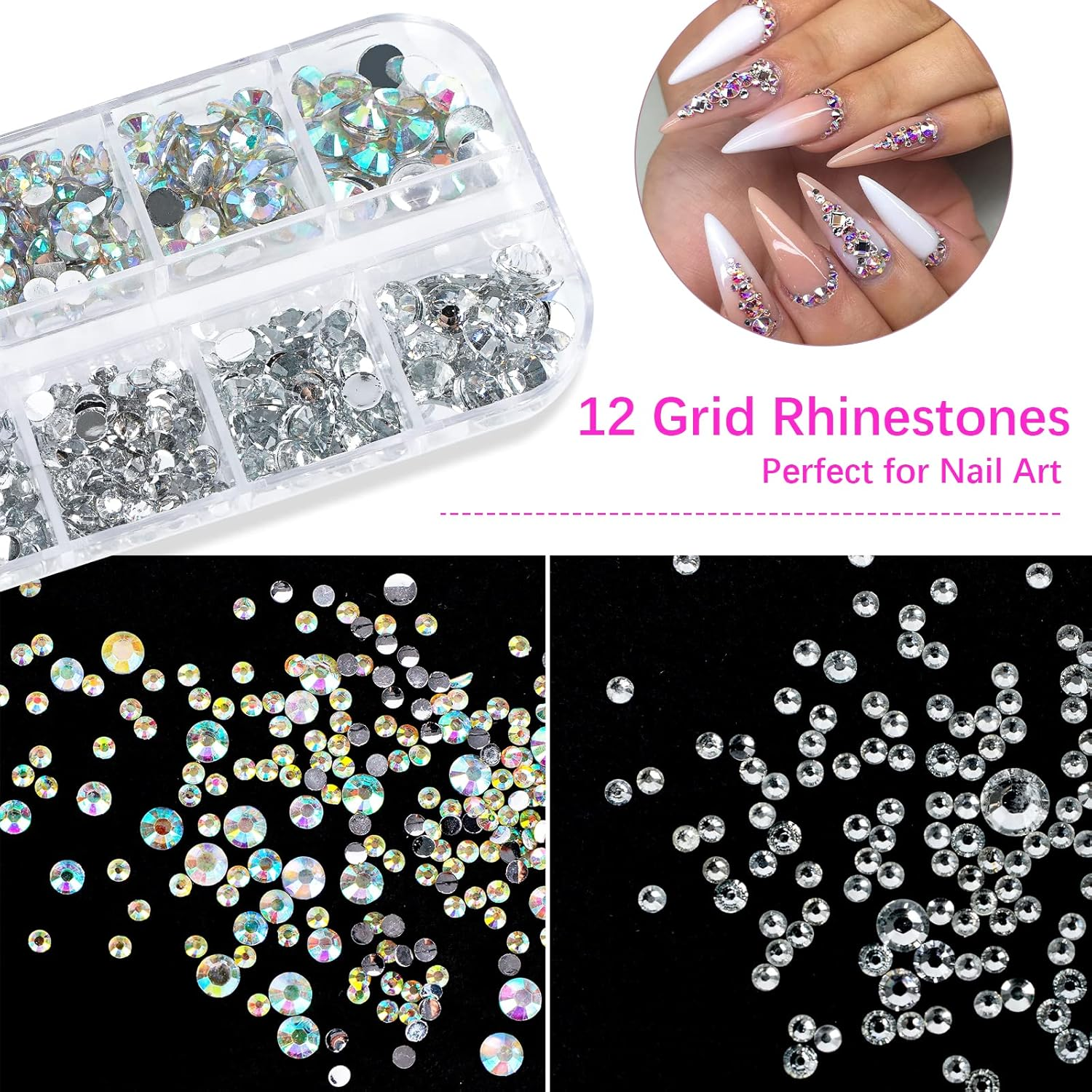 Canvalite Rhinestones 1500PCS in 6 Sizes Flat Back Nail Gems, Crystal AB Rhinestones Nail Art Gems with Pick up Tweezers and Rhinestone Picker Dotting Pen, Nail Rhinestones for Nails, Makeup, Clothes, Face, Craft By image number 4