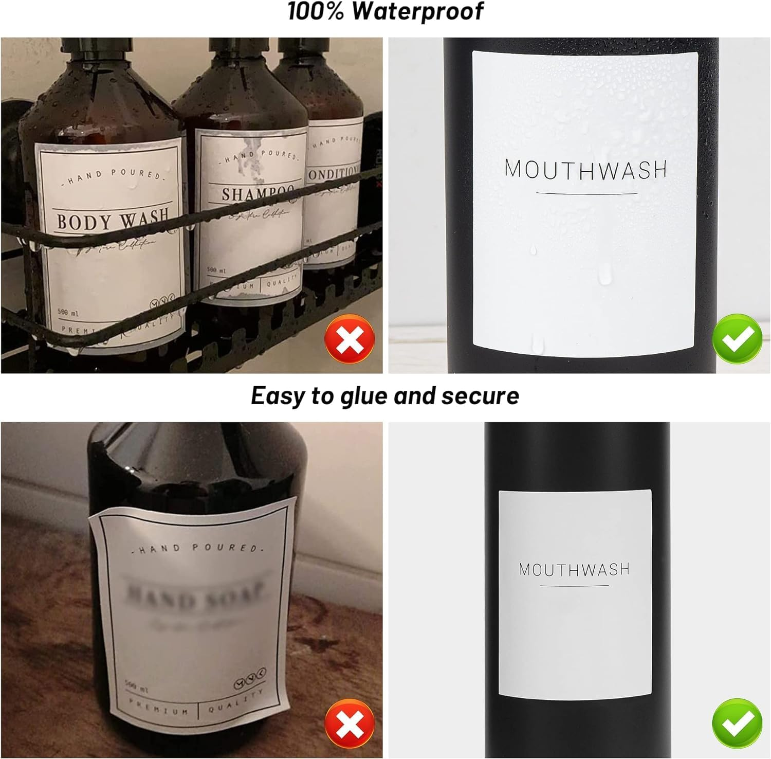 Waterproof Bathroom Labels, 22-Pack White Dispenser Stickers for Shampoo, Soap, Conditioner Bottles - Removable & Reusable image number 2