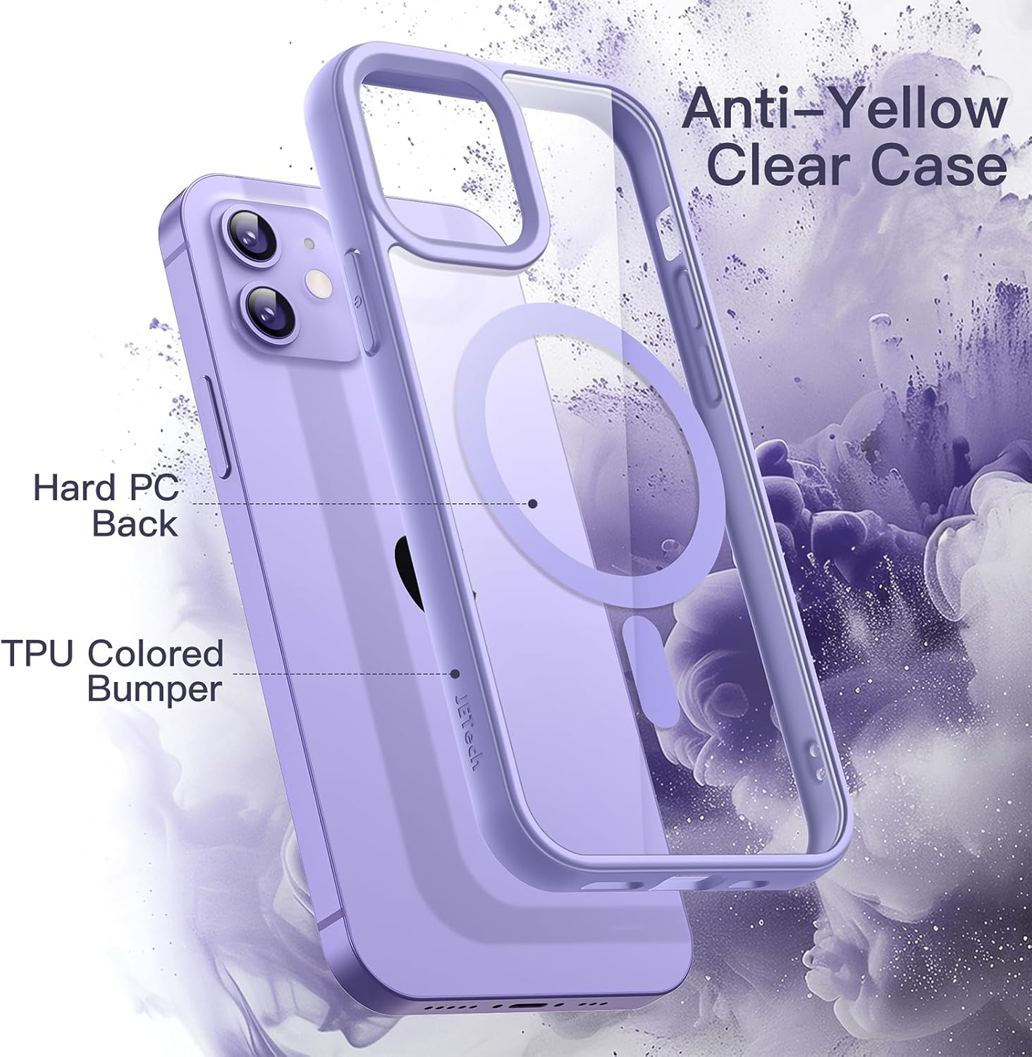 Jetech Magnetic Case for Iphone 12/12 Pro 6.1-Inch Compatible with Magsafe, Shockproof Phone Bumper Cover, Solid Color Matte TPU Frame, Anti-Scratch Clear Back (Purple)
