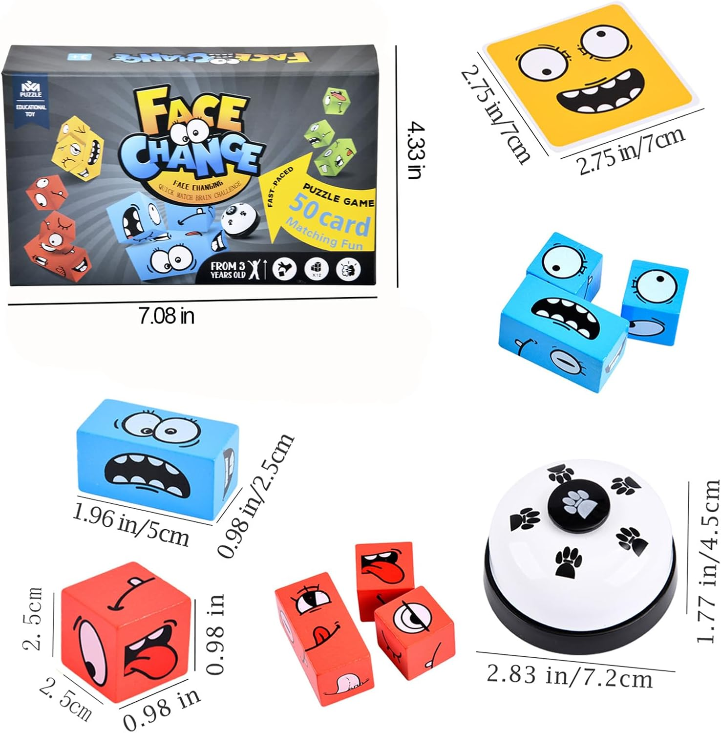 Wooden Face Changing Magic Cube Game, Expression Puzzle Building Blocks Emoji Pattern Matching Game, Educational Puzzles Toy Board Games for Kids and Adults with Bell - With Bell image number 4