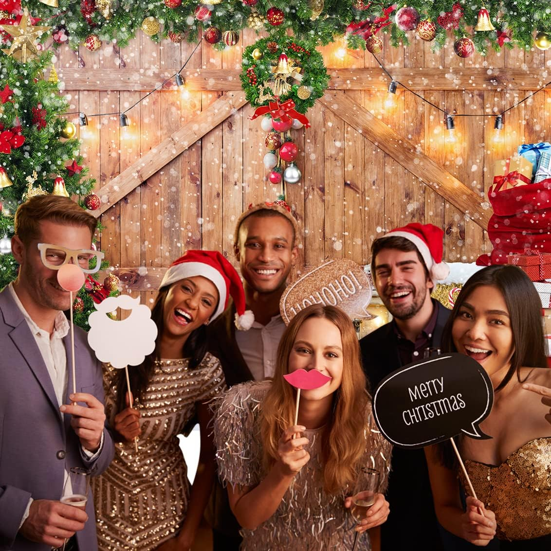 SJOLOON Rustic Christmas Barn Wood Door Backdrop for Photography Xmas Tree Snow Gift Wall Floor Party Photo Background Winter Holiday Family Supplies Banner Decoration Studio Props 12391 (10X8Ft) image number 2