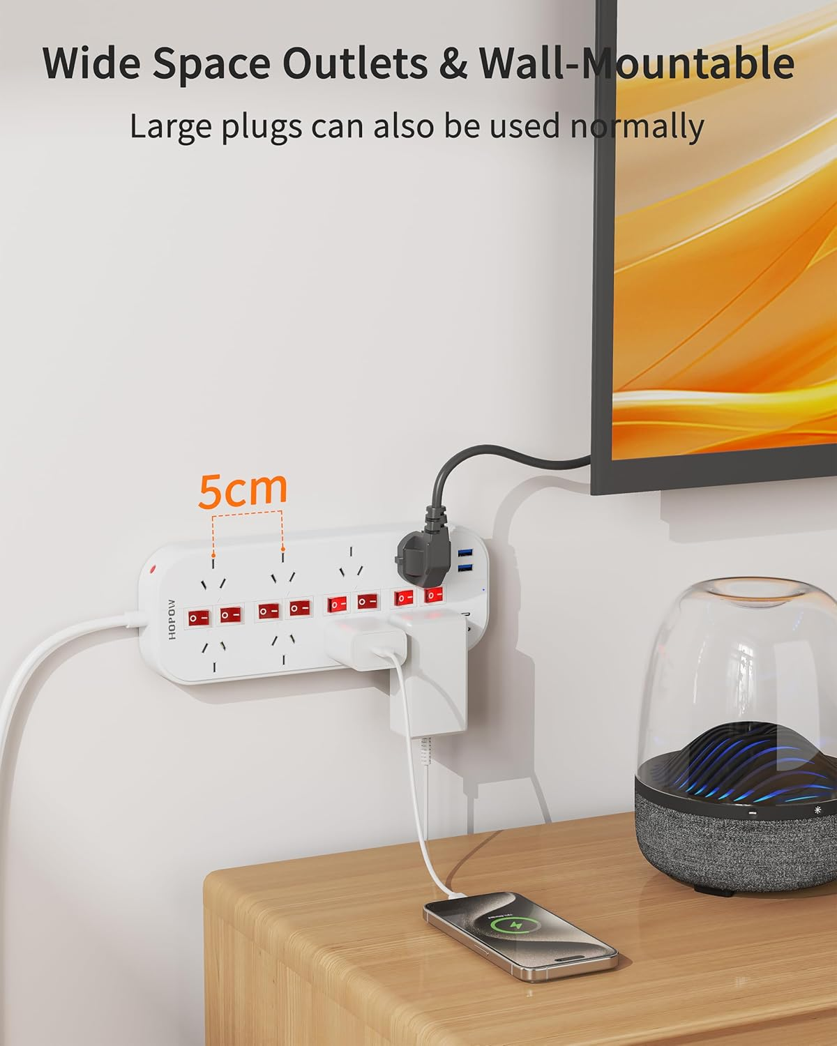 Power Board with Individual Switches, Power Strip with 8 Wide Outlets(2 USB a & 2 USB C), 350J Surge Protection Power Board, Powerboard 10A/2400W, 2M Extension Cord for Home, Office, Hotel image number 4