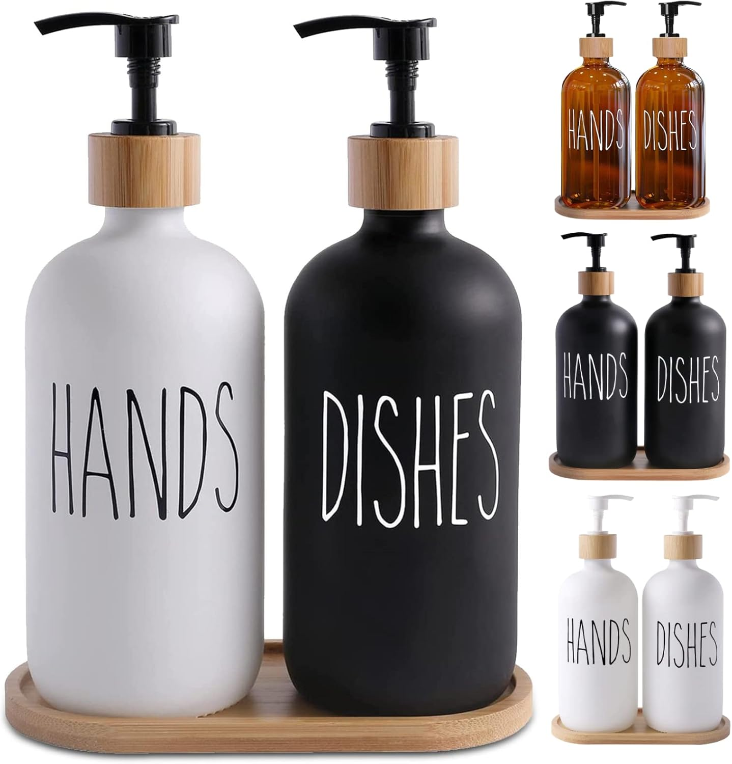 Soap Dispenser Glass 2-Set, 500Ml Shampoo Lotion Hand Soap Dispenser for Kitchen Worktop, Contains Wooden Tray and Pump Conditioner Dispenser- White+Black image number 6