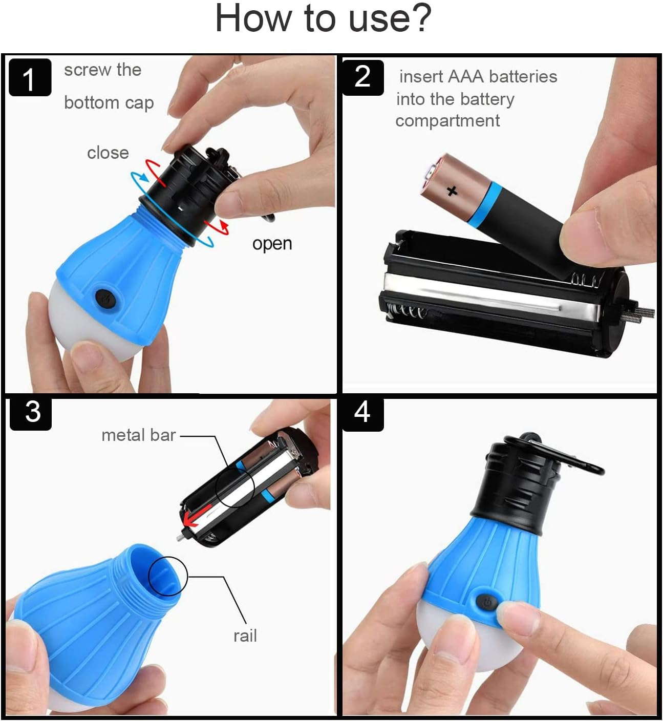 LED Tent Light 4-Pack Clip Hook Hurricane Emergency Lights LED Camping Light Bulb Camping Tent Lamp Portable Lantern Bulb Camping Equipment for Camping, Hiking (Black) image number 6